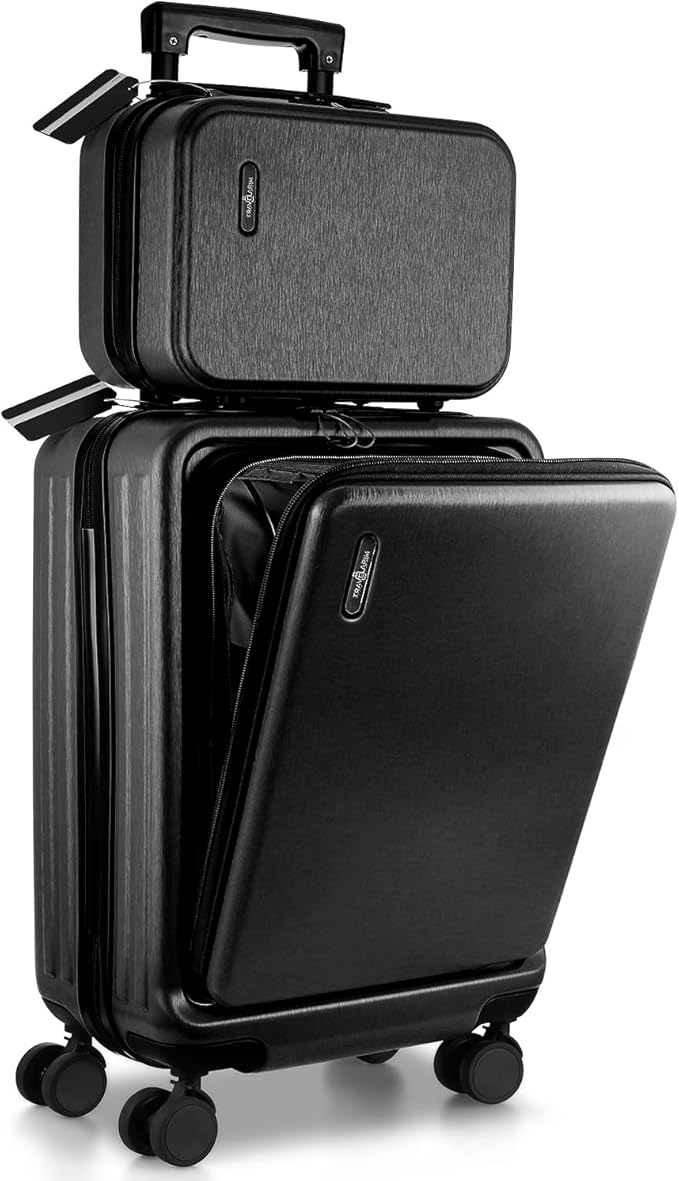 TRAVELARIM 20 Inch Carry On Luggage 22x14x9 Airline Approved, Carry On Suitcase with Wheels, Hard-shell Carry-on Luggage, Durable Luggage Carry-On, Black Small Suitcase with Cosmetic Case