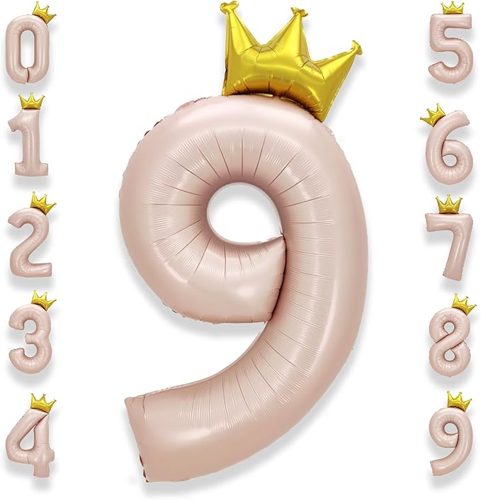 AULE 40 Inch Big Pink 9 Balloon Number with Crown Large Foil Helium Number Balloons 0-9 Jumbo Giant Happy 9th Birthday Party Decorations Huge Mylar Anniversary Party Supplies