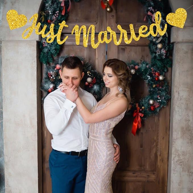 BEISHIDA Gold Just Married Banner - NO DIY, Glitter Wedding Party Banner,Just Married Signs, Bachelorette/Bridal Garland,Engagement Party Decor Supplies, Wedding Reception Party Decorations.