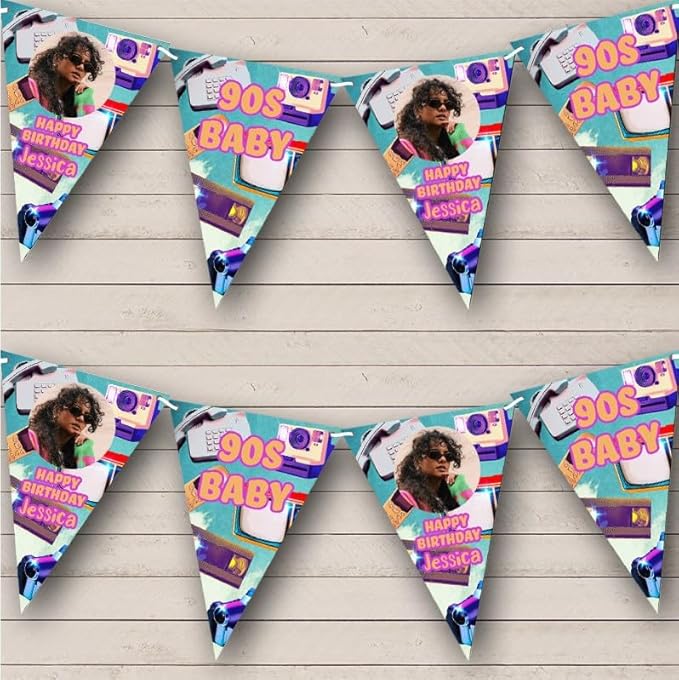 Nostalgia 90'S Theme Electronics Photo Personalized Birthday Party Bunting - Hanging Party Decoration - Birthday Party Banner Garland | Decorative Party Supplies