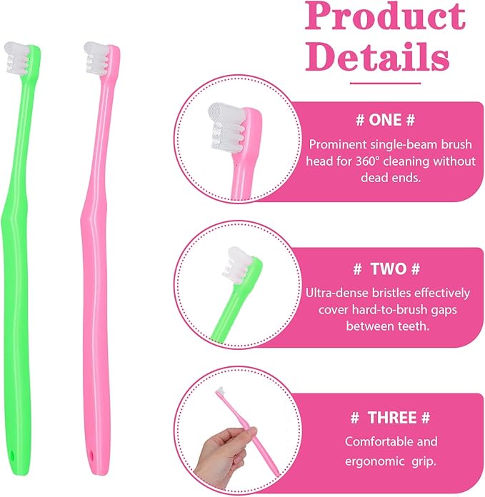 2Pcs Orthodontic Tooth Brush, Soft End Tapered Wisdom Toothbrush, Small Head End Tuft Toothbrush for Adult, Periodontal, Detail Cleaning (Pink Green)