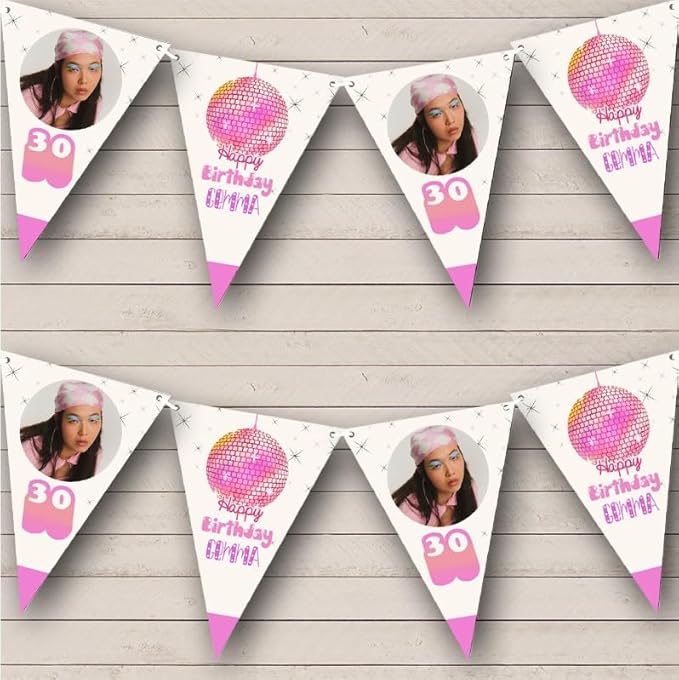 90'S Theme Pink Disco Ball Age Photo Personalized Birthday Party Bunting - Hanging Party Decoration - Birthday Party Banner Garland | Decorative Party Supplies