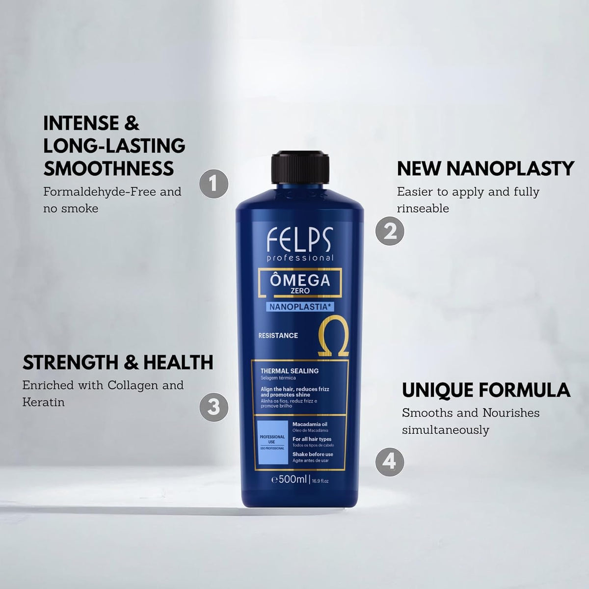 Felps Professional Omega Zero Resistance Nanoplastia Treatment, Zero Formaldehyde Hair Straightening, with Macadamia Oil, 3.38 fl.oz Mini
