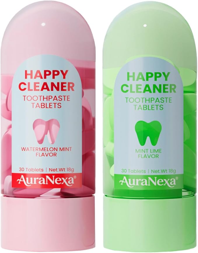 Auranexa Whitening Toothpaste Tablets – Remineralizing Nano Hydroxyapatite Chewable Toothpaste with Xylitol & Probiotics, Lime Mint + Watermelon Mint, Fluoride-Free, 2 Bottles (60 Tablets)