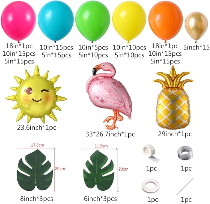 Tropical Hawaiian Party Decorations 155Pcs Luau Balloon Garland Arch Kit, Hot Pink Orange Yellow Pineapple Flamingo Balloons for Tropical Summer Beach Pool Birthday Coconut Party Supplies