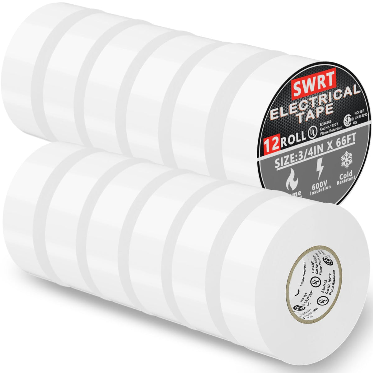 SWRT 12 Pack UL/CSA Listed White Electrical Tape 7 mils -600V, 0.75 in x 66 FT White Electric Tape Flame Retardant, Strong Adhesive, for Home DIY Electrical Repairs Professional Installations