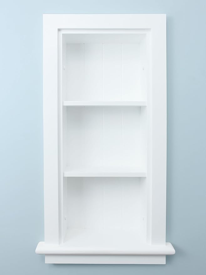 10x24 Slim Recessed Wood Bathroom Niche Medicine Cabinet Replacement w/ Ledge, Narrow Wall Niche Medicine Cabinet Replacement, Thin In The Wall Bathroom Cabinet Insert Shelf/Shelves, Beadboard, White