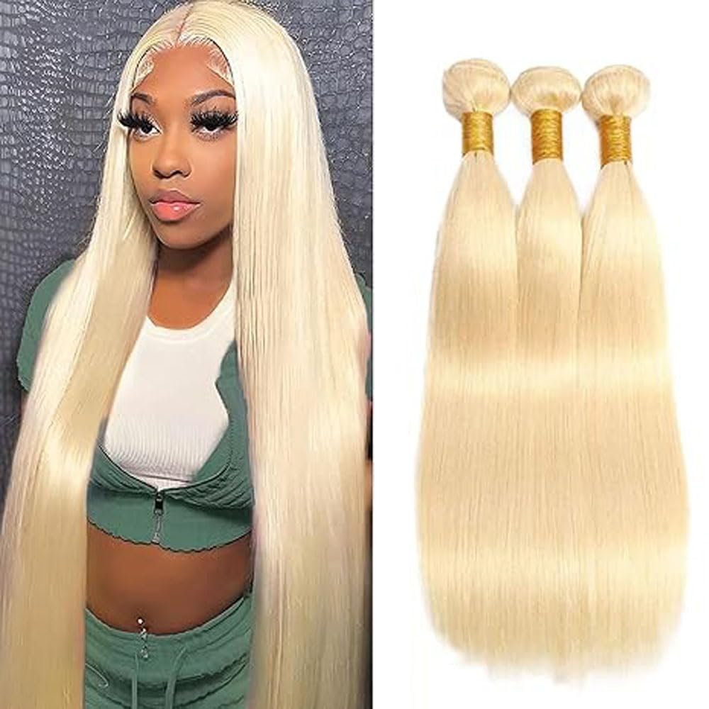 #613 Blonde Bundles Human Hair 18 20 22 Straight Color 613 Human Hair Bundles Blonde Extension 100 Gram Per Bundle 12A Unprocessed Brazilian Remy Hair Virgin Hair for Black Women