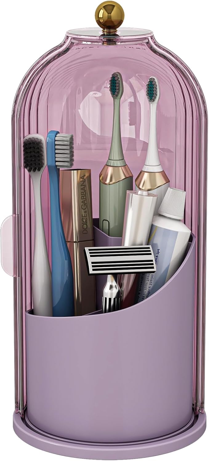 Dustproof Toothbrush Holders with Cover, Rotating Electric Toothbrush and Toothpaste Holder for Bathroom Countertop, 3 Slots Makeup Brushes Organizer, All Pink