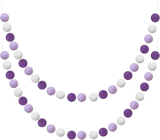 Boao 2 Pieces Wool Felt Ball Garland Colorful Pom Pom Garland Handmade 6.5 Feet Long 24 Balls Felt Banner for Wall Christmas Tree Decoration (Purple,White)