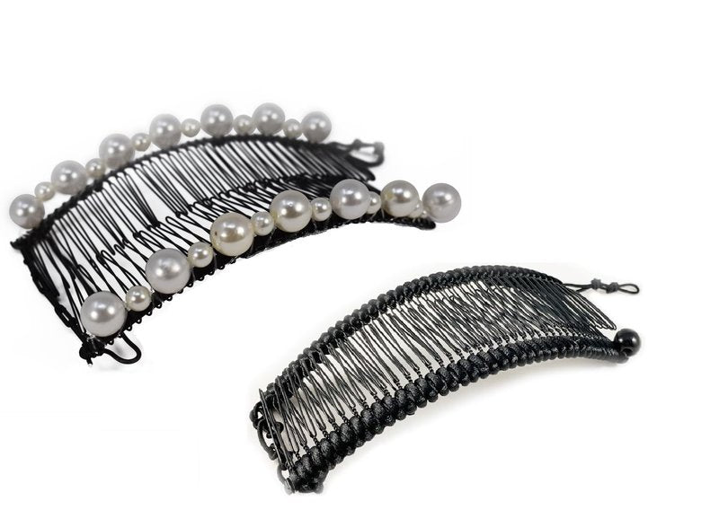 Stretch Banana clips (2-Pack) - Hair Combs for Thick or Natural Hair - Comfortable all-day hold for updo hairstyles (Large, Black Satin Cord wrap and White faux Pearl bead)