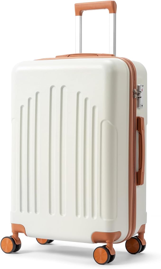 Karl home 24in Checked Luggage with TSA Lock, ABS Hardshell Check-in Suitcase with Spinner Wheels, Durable Medium Suitcase Rolling Luggage for Business Travel, White & Brown