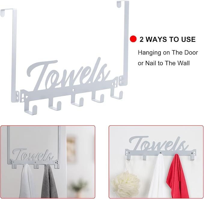 Over The Door Hooks, Towel Rack for Bathroom & Bedroom, Heavy Duty Over Door Towel Hanger with 5 Coat Hooks, Silver