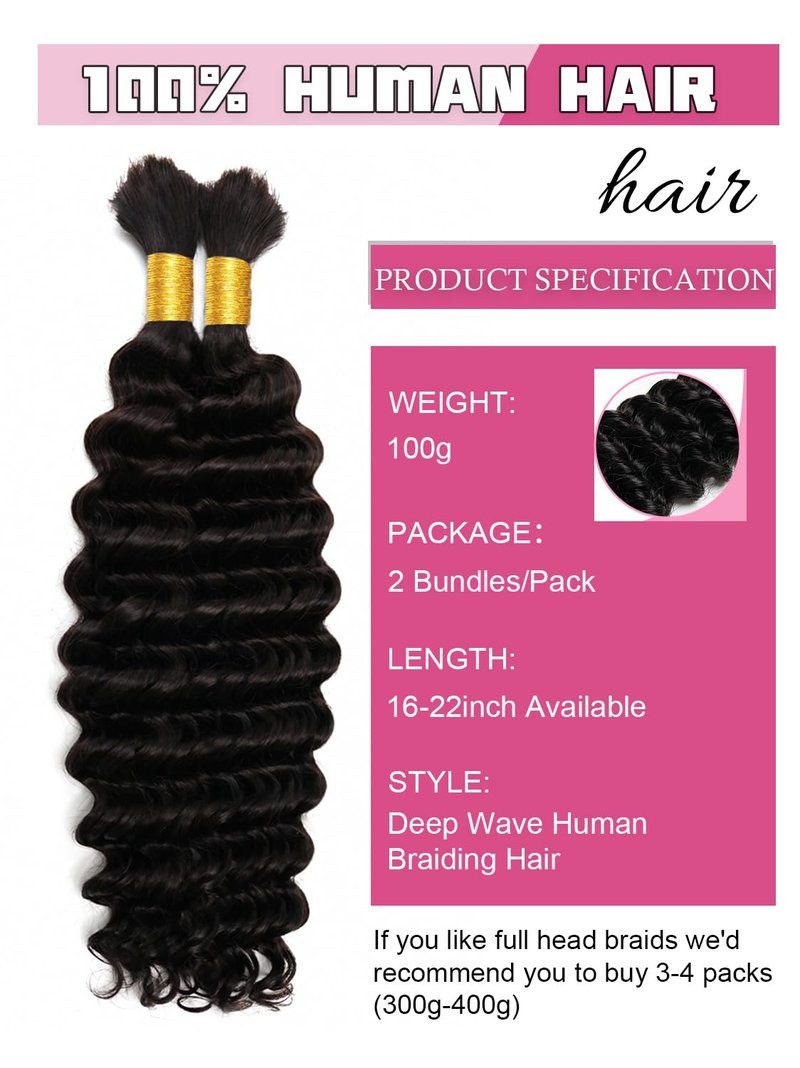 Human Braiding Hair 1 Bundles/Pack 100g 20 Inch Deep Wave Curly Bulk 100% Human Hair for Braiding No Weft 10A Brazilian Virgin Human Hair Extensions for Boho Braids Natural Black Wet and Wavy