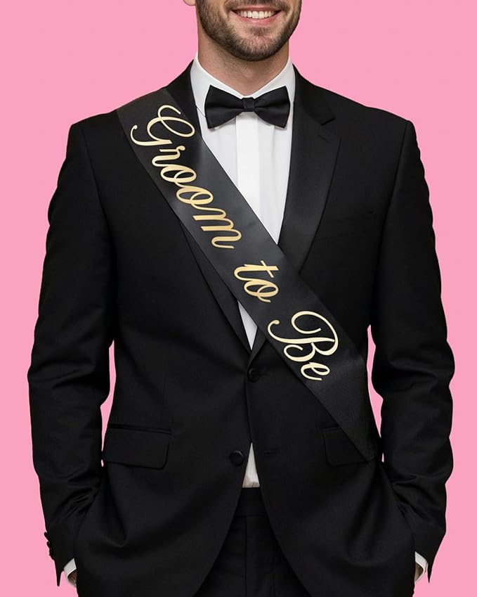 xo, Fetti Bride and Groom Sash Duo 2 Pack | White and Black Satin, Gold Foil, Bridal Shower, Engagement Party, Bachelorette Decor, Wedding Mr. & Mrs.