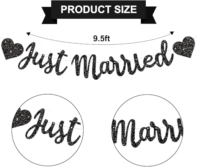BEISHIDA Black Just Married Banner - NO DIY, Glitter Wedding Party Banner,Just Married Signs, Bachelorette/Bridal Garland,Engagement Party Decor Supplies, Wedding Reception Party Decorations.