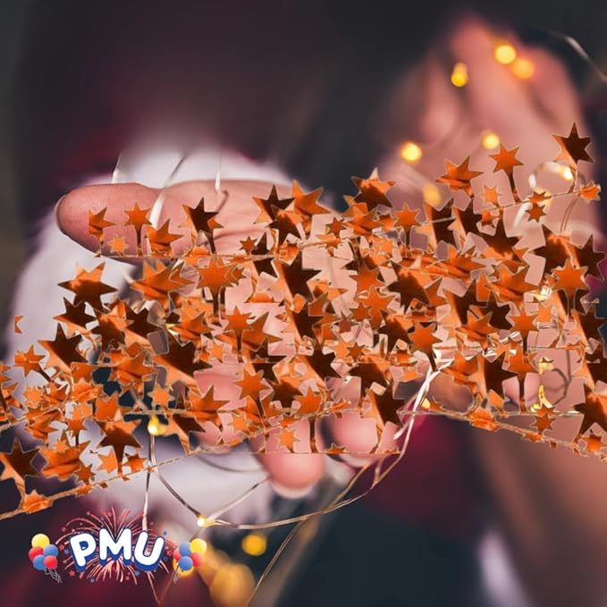 PMU 75 Ft Star Wire Shiny Garland Orange Star - Halloween, Christmas Party, Wedding, Birthday, Festive Home Decoration Ornament Orange Star (3pc-25Ft Each)