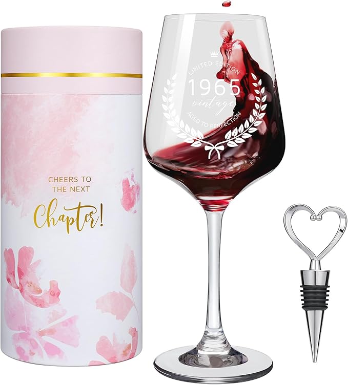 AW BRIDAL Happy 60th Birthday Gifts for Women or Men, Personalized 1965 Vintage Wine Glass Gift Set for Birthday Decorations Ideas, Born in 1965 Gifts for Mom Dad Grandpa Grandma Friends Coworkers