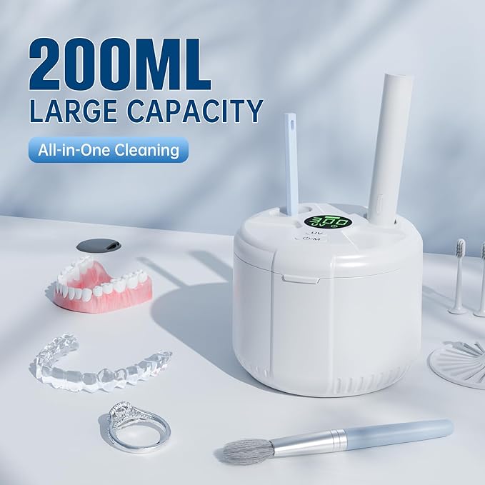 45kHz Ultrasonic Retainer Cleaner Machine, 200ML Dental Deep Cleaning Pod for Dentures, Aligners, Invisalign, Mouth Guards, Night Guards, Jewelry, Toothbrush, 5/10/15 Mins Timer