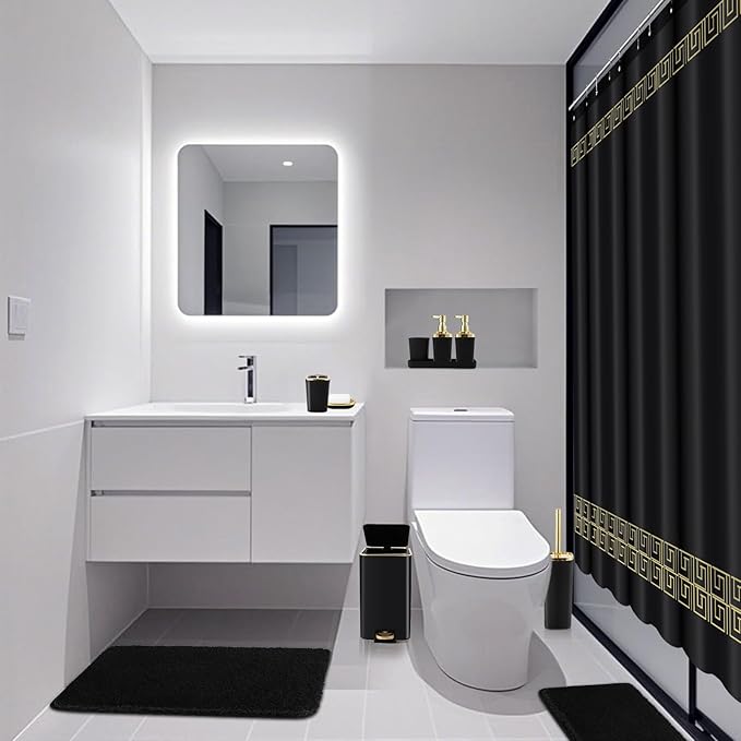 Bathroom Sets with Shower Curtain and Rugs Black Bathroom Accessories Bathroom Set,Soap Dispenser & Toilet Brush Holder Set with Stainless Steel Trash Can
