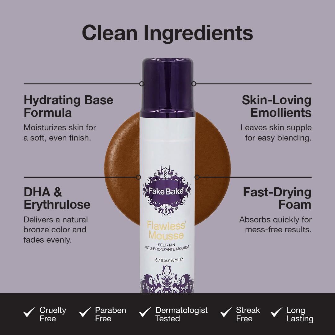 Fake Bake Flawless Self Tanning Mousse Streak-Free, Long-Lasting Natural Glow For All Skin Tones Women & Men - Sunless Tanner Includes Mitt For Easy Application, Black Coconut Scent - 6.7 oz