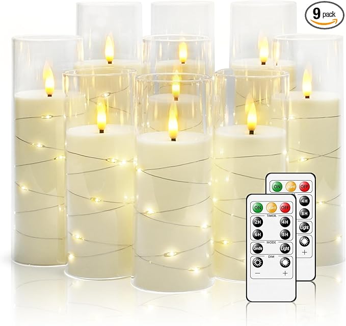 Flickering Flameless LED Candles, 9 Pcs with Embedded Star String, Acrylic LED Pillar Candles with Remote, Suitable for Home Decoration (White)