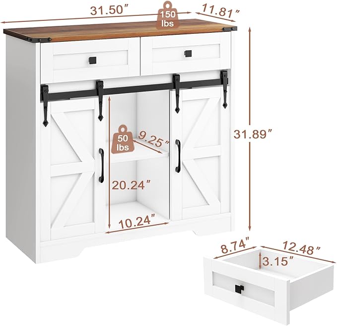 Vabches Bathroom Floor Cabinet, Farmhouse Storage Cabinet with Sliding Barn Door and Storage Drawers, White Buffet Cabinet with Adjustable Shelves for Bathroom, Kitchen, Entrance Area, Living Room