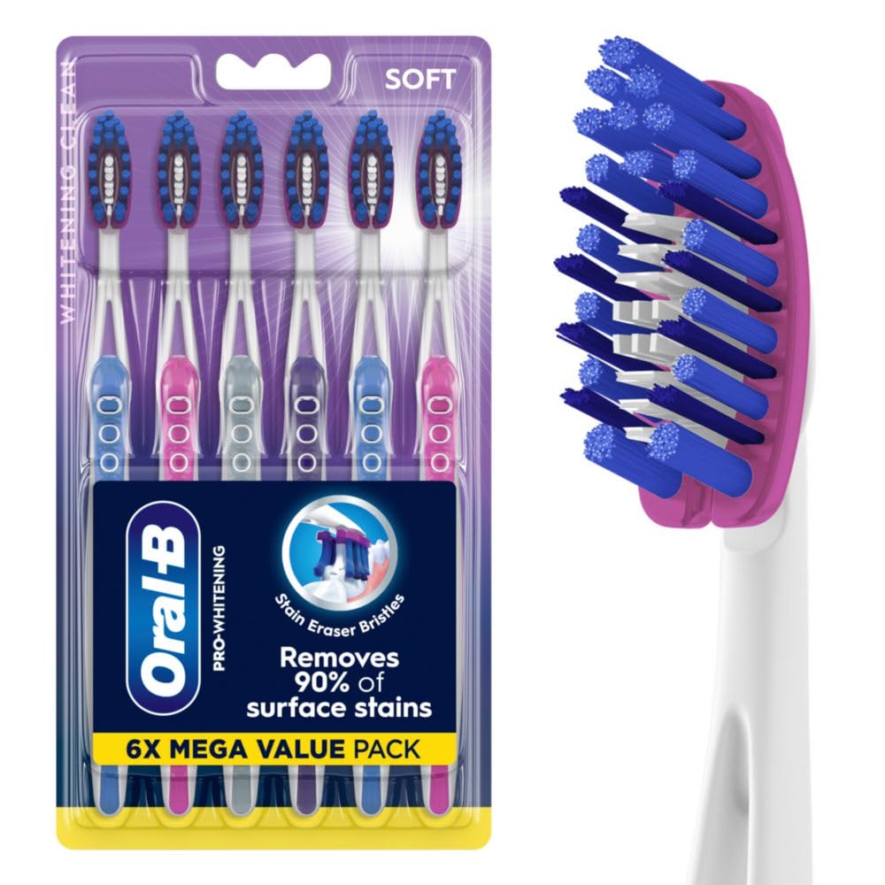 Oral-B 3D White Deep Stain Remover toothbrushes, 6 Count Toothbrush Soft, Removes 90% of Surface Stains, whitens Teeth, deep Reach, removes Plaque and Stains Tooth Brush