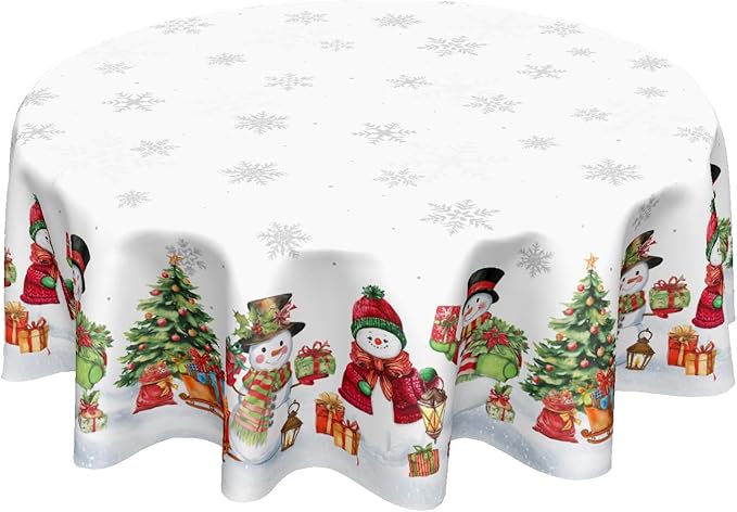 Winter Snowman Round Tablecloth White Tablecloth 60 Inch Christmas Snowflake Pattern Circle Table Cloth Xmas Holiday Table Cover Indoor Decor for Home Kitchen Dinning Party