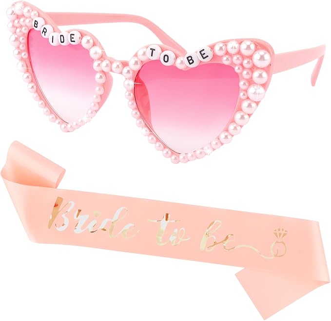 Bride to Be Set: Pearl-Trimmed Heart Sunglasses, Pearl BRIDE Sash & Tulle Veil - Bachelorette Party Bridal Accessories