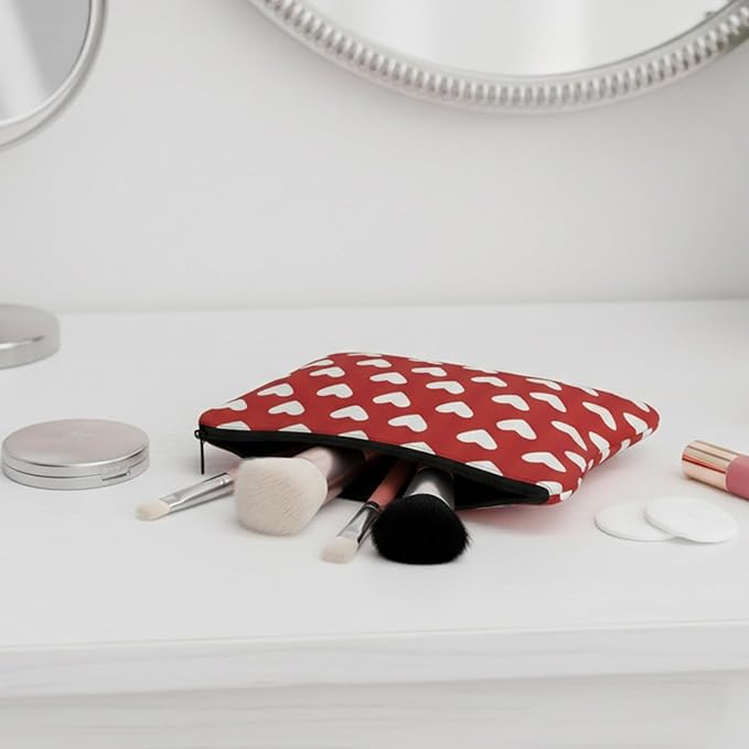 GRITOSE Valentine's Day Small Bag Red with Hearts designs Cosmetic Pouch with Zipper for Women Girls Romantic Valentines Gift Full Cover Work Toiletry Bags for Student Travel Accessories