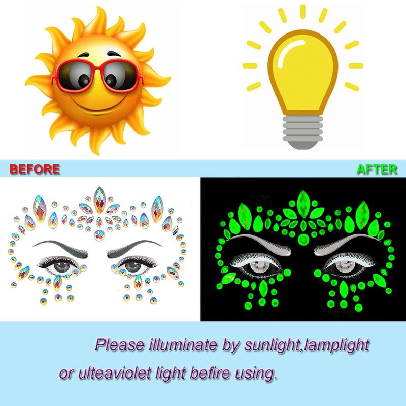 8Sets Noctilucent Face Gems Body Stickers Glow in the Dark Luminous Face Jewels fluorescent face tattoo crystals rhinestone sticker body jewelry for Halloween