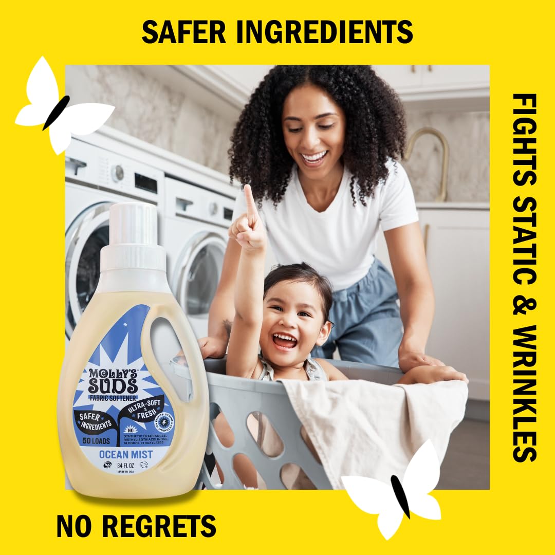 Molly’s Suds Fabric Softener Liquid for Sensitive Skin | Vinegar-Powered, Infused with Essential Oils | Fights Static, Reduces Wrinkles, Deodorizes | Ocean Mist, 50 Loads