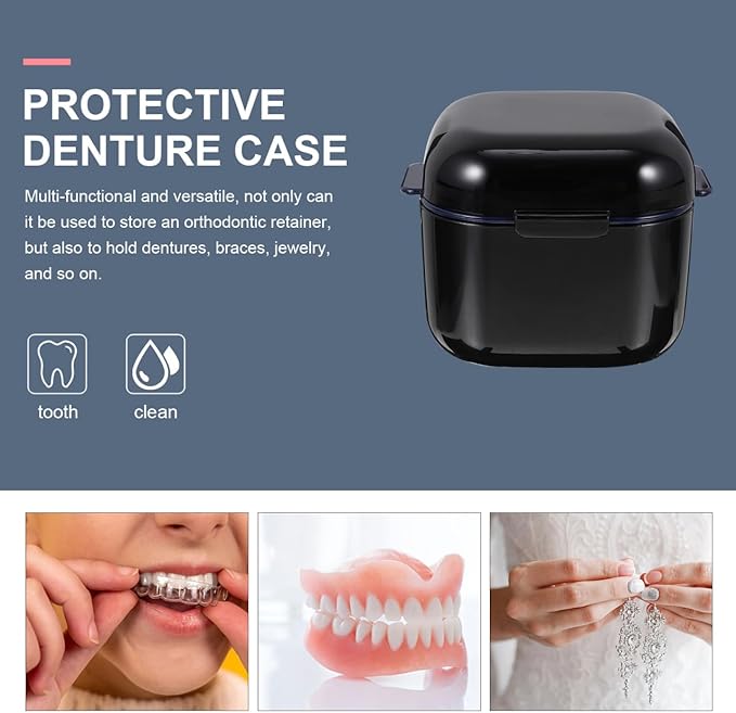 Yardwe Denture Bath Case Cup Box Portable False Teeth Holder Storage Soak Container Orthodontic Retainer Case with Strainer Basket for Travel Cleaning Black
