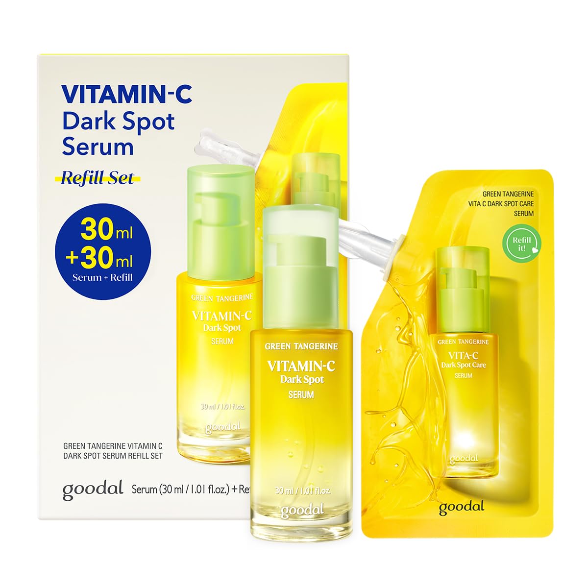 GOODAL Green Tangerine Vitamin C Serum - Advanced Version (2.02 Fl Oz (Pack of 2, Refill Included))