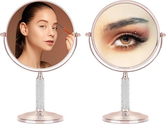 7"Rose Gold Glitter Diamond Rhinestone Makeup Mirror,360°Rotate Round Tabletop Vanity Mirror Double Sided 1X/10X HD Undistorted Magnifying Mirror,Portable Vanity Women Gift (No Lamp Rose Gold)