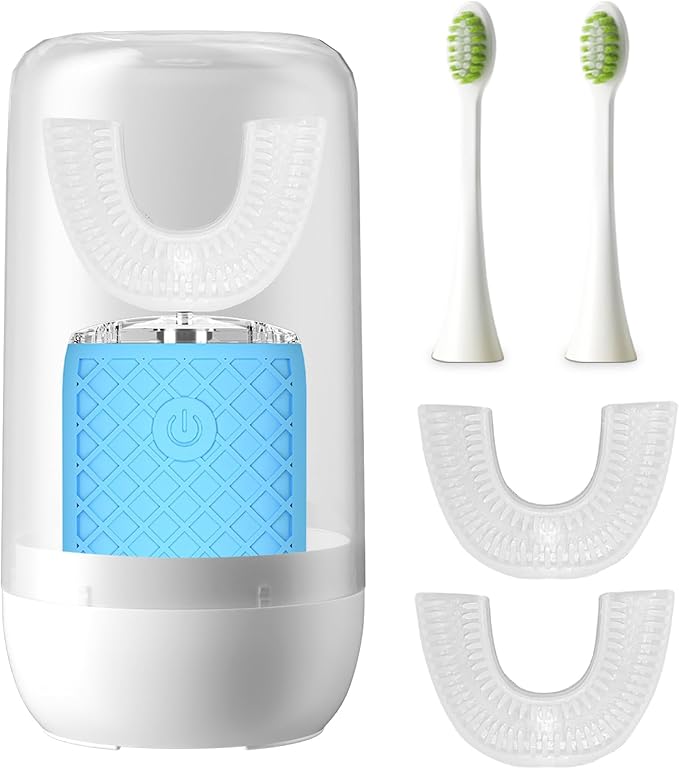 Adult Sonic Automatic Electric Toothbrush, 360° Oral Cleaning Stain Whitening, IPX7 Waterproof Rechargeable, u-Shape Brush Head*3+Straight Handle Brush Head*2 (Blue - Cup)