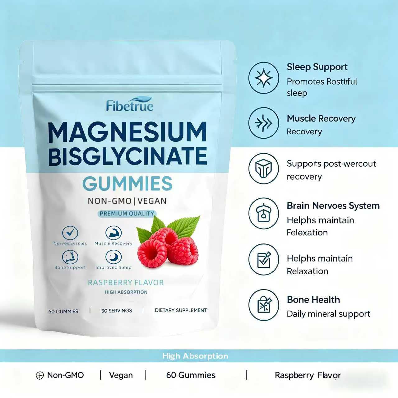 Magnesium Glycinate Gummies 400mg – High Absorption Chelated Magnesium for Sleep, Muscle & Nerve Support – Vegan Raspberry Flavor, 60 Gummies