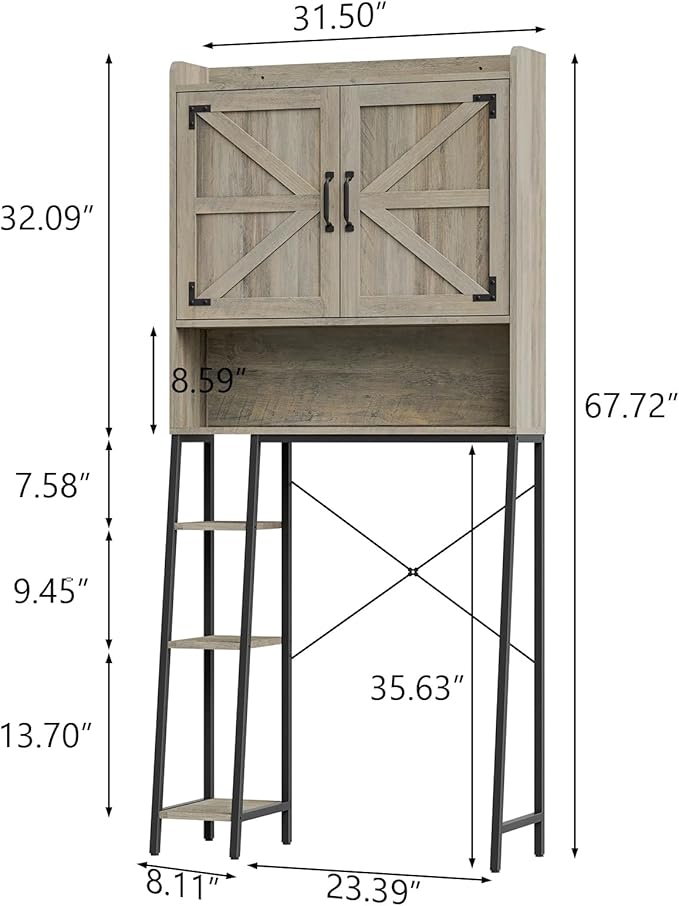 Vabches Over The Toilet Storage Cabinet, Farmhouse Storage Cabinet Over Toilet with 2 Barn Door & Toilet Paper Holder Stand，Home Space-Saving Toilet Rack, for Bathroom, Restroom, Laundry