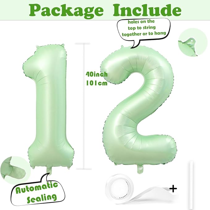 40 Inch Number 12 Balloons, Olive Green Giant Jumbo Helium Number 12 21 Foil Balloons for 12th 12th Birthday Party Anniversary Events Boys Girls Decorations Supplies
