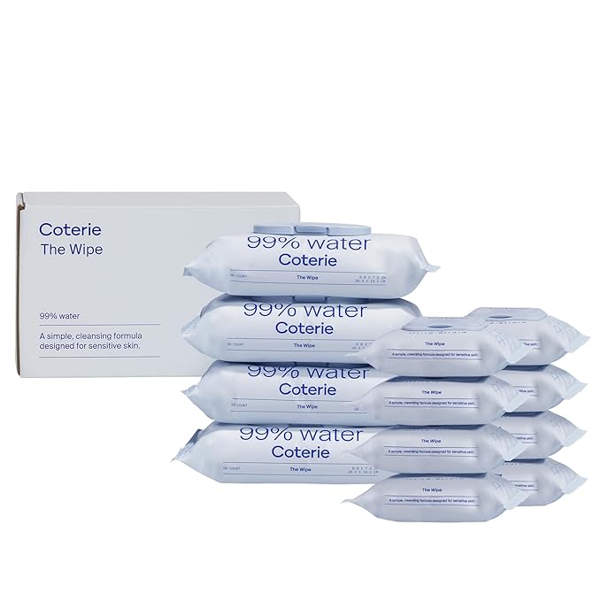 Coterie Baby Wipes for Sensitive Skin, Plant-Based & Plastic-Free Fibers, 99% Water, Hypoallergenic, pH Balanced, Unscented, Clean and Gentle Baby Essentials, 4 Standard Packs and 8 Travel Size Packs