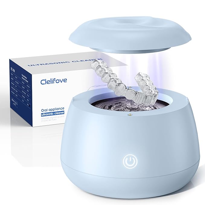 Ultrasonic Retainer Cleaner Machine 48kHz Denture and Aligner Cleaning Pod for Mouth Guards Night Guards Dental Trays Braces Toothbrushes Jewelry with 200ML Capacity (Blue)