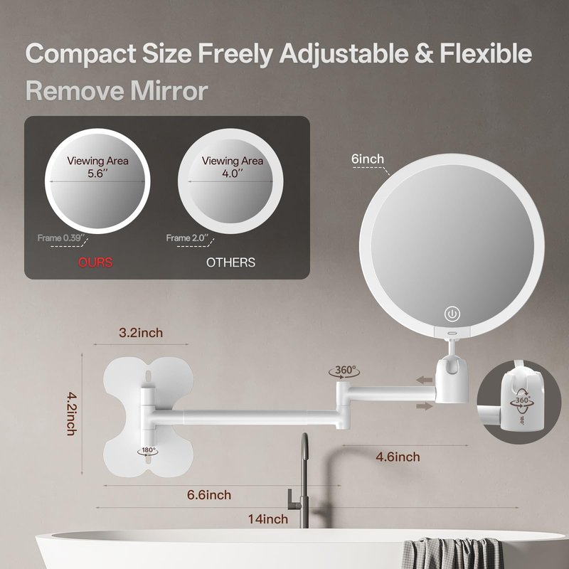 6" Led Wall Mounted Makeup Mirror Double Sided 1/30X, 1-Second Install Lightweight Compact Wall Mirror with Light, Rechargeable Extendable Magnifying Mirror for Bathroom, Wall Vanity Mirrors (1+30X)
