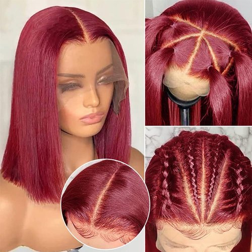 99J Burgundy Lace Front Wigs Human Hair 13x4 HD Lace Frontal Glueless Straight Short Bob Wig Human Hair 180% Density Bob Wigs for Black Women Human Hair Pre Plucked Natural Hairline Wine Red 14 Inch