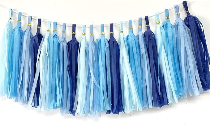 Tissue Paper Tassels Garland Banner Table Decor Party Banner Wedding Birthday Baby Shower Nursery Party Decorations Supplies (20, Lt-Blue+Blue+Sky Blue+Royal Blue)