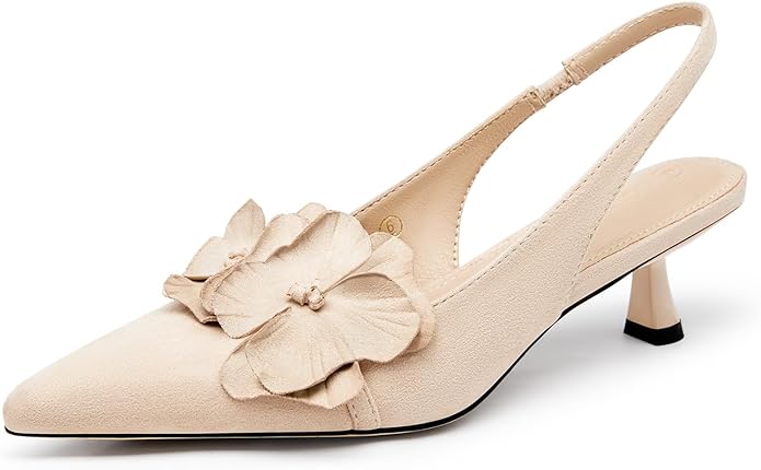 Coutgo Womens Slingback Kitten Heels Flower Closed Pointed Toe Pumps Wedding Party Dress Sandals Shoes