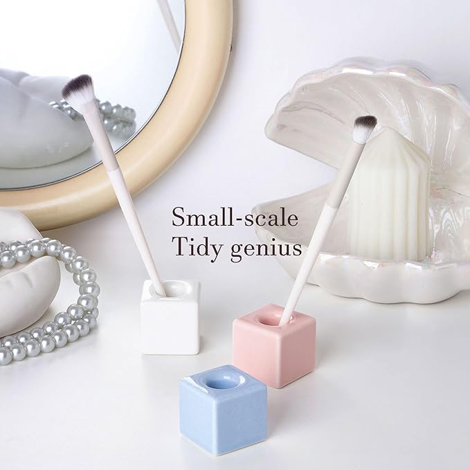 AirMoon Mini Square Ceramic Toothbrush Holder for Bathroom - Pink Small Countertop Organizer, Easy Clean Toothbrush Stand, Suit for Electric Toothbrush Head, Pens & Coffee Spoon, Pack of 2