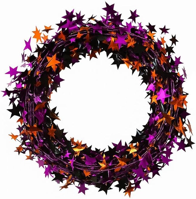 PMU 300 Ft Star Wire Shiny Garland Black,Orange and Purple- Halloween, Wedding, Birthday, Festive Home Decoration Ornament (12pc-25ft Each)