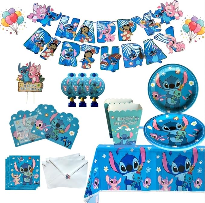 Stitch kids Birthday Party Supplies decoration Set – 125PCS, for16 Guests,1Tablecloth,16 Plates,16Napkins, Banner, Stickers, Cake Topper,16 Invitations card with envolopes,16 Blowouts &16Popcorn Boxes