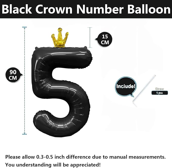 Black Number 5 Balloon with Crown, 40 inch Black Number Balloon 5th Birthday Party Decoration black Crown Balloons 0-9 for Birthday Party Anniversary Decorations Supplies